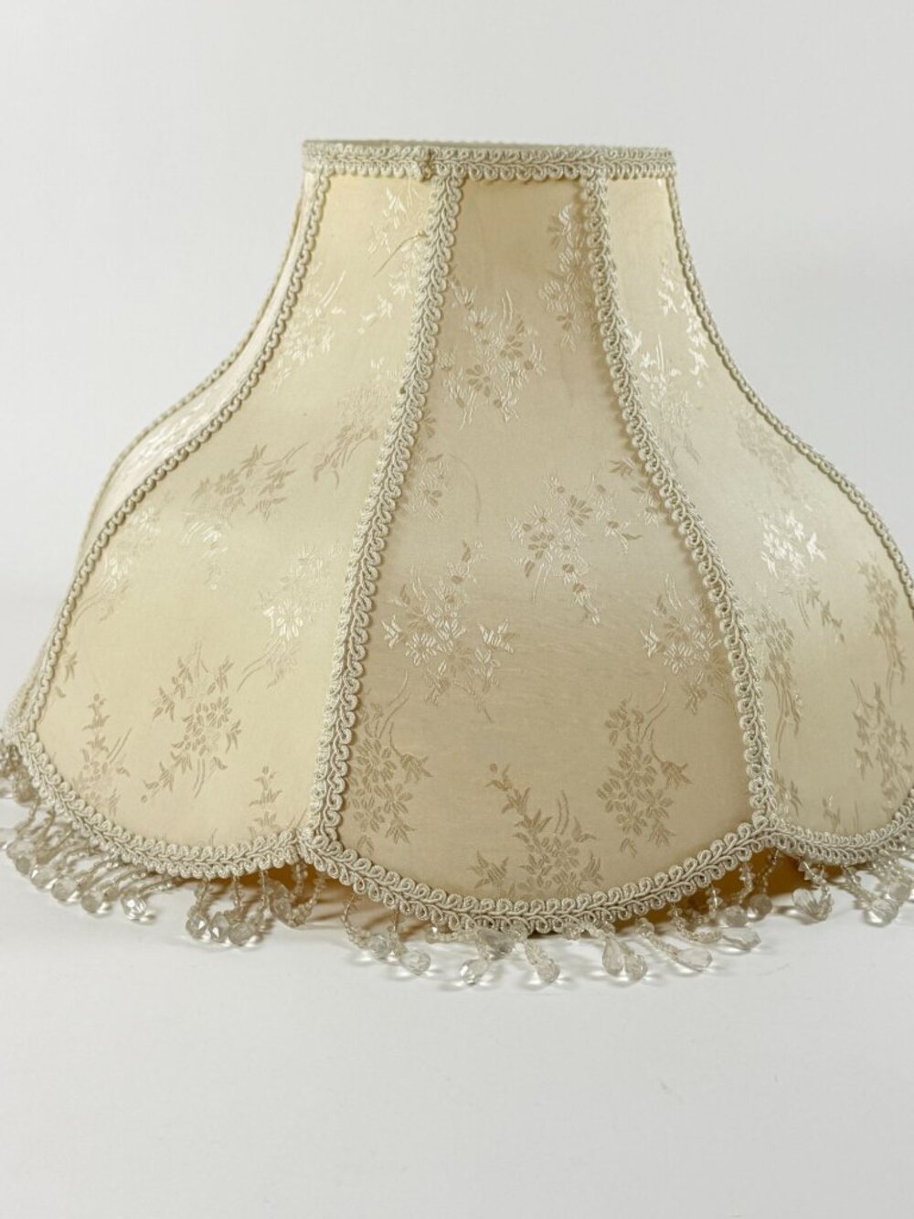 Victorian Bell Lamp Shade Fringe Floral Damask Beige Brocade Parlor Decor